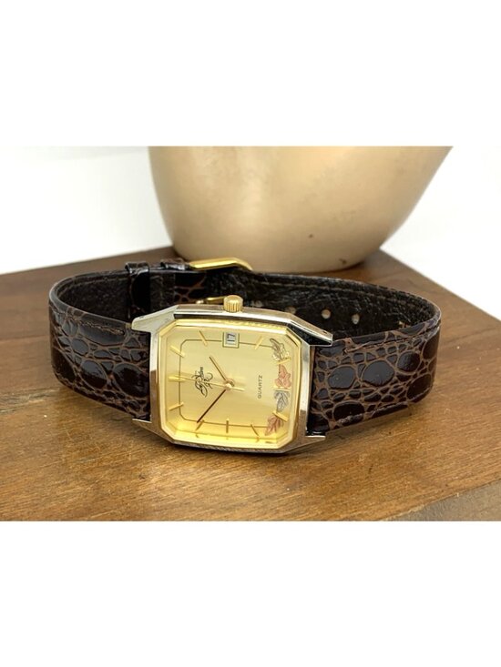 Le Mann Women\'s Watch Quartz Black Hills Gold Accent Brown Leather Tank 28mm